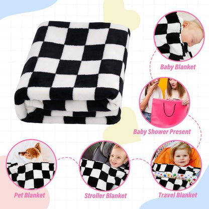 GreatBba Plush Checkered Baby Blanket for Boys Girls Nursery, 30"*40" Warm Short Fleece Blanket Neutral for Infant Newborn, Small Fuzzy for Sleeping, Chenille Baby for Stroller (Black&White)