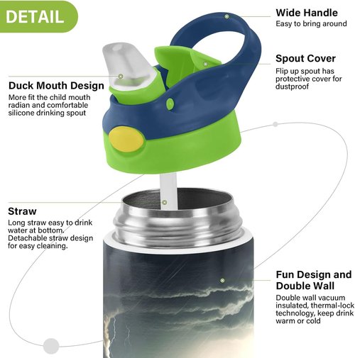 Black Tornado Kids Water Bottle - 12oz Insulated Stainless Steel, BPA Free, Leak-Proof, Green