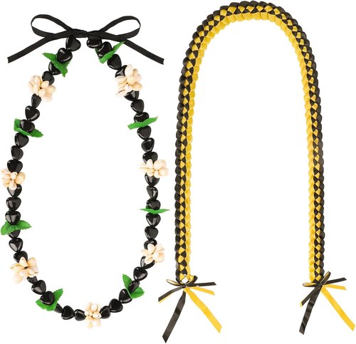 FYSUIMU Graduation Ribbon Lei - Handmade Black & Gold Kukui Nut Necklace for College Grads | 2 Pcs Set