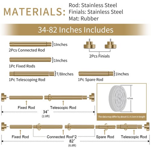 YNL Shower Curtain Rod 34-82 Inches (2.8-6.8ft) Adjustable Spring Shower Rod No Drilling, Non-Slip, Never Rust, Stainless Steel, Suitable for Bathroom Window Living room, Gold