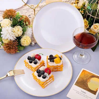 White with Gold Rim 9 Inch Plastic Dinner Plates - 50 Pack, Disposable Party & Wedding Plates