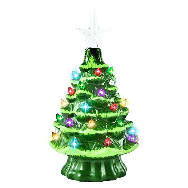 8” Hand-Painted Ceramic Christmas Tree with 32 Lights, 4H Timer - Green