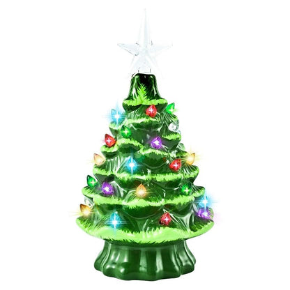 8” Hand-Painted Ceramic Christmas Tree with 32 Lights, 4H Timer - Green