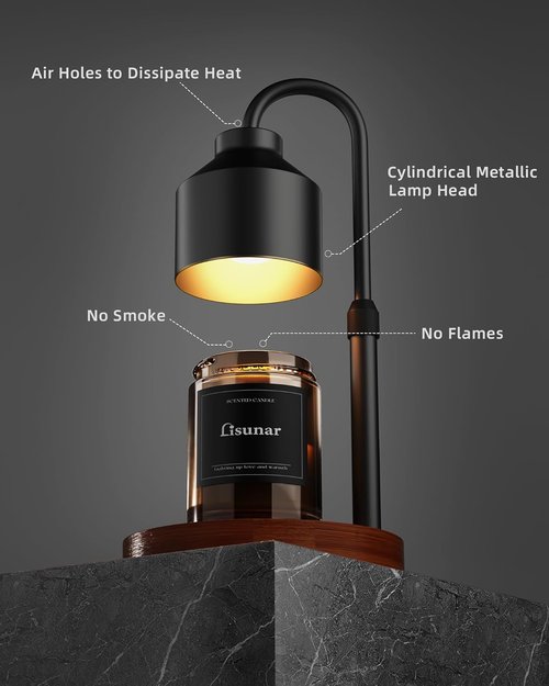 LISUNAR Electric Candle Warmer Lamp - Adjustable Height Wax Warmer with Timer & 2 Bulbs - Black