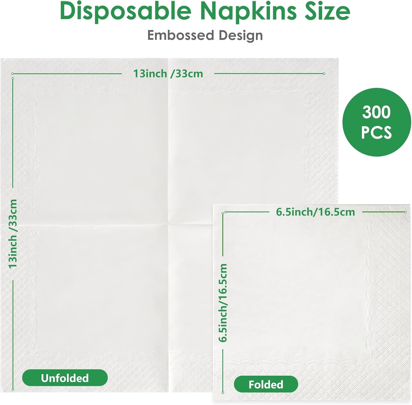 Disposable Napkins - 300 Pack 13"x13" | Eco-Friendly 2-Ply Paper Napkins for Parties & Everyday Use - Soft & Absorbent, White