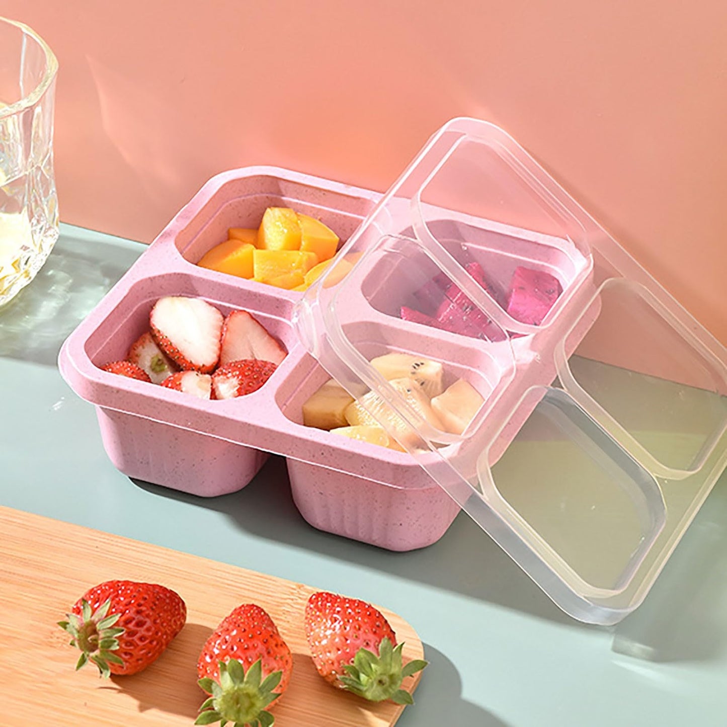 Snackle Box Container,Meal Prep Containers Reusable, 4 Compartments Meal Prep Lunch Containers for Kids Adults, Divided Food Storage Containers for School Work Travel (Pink)