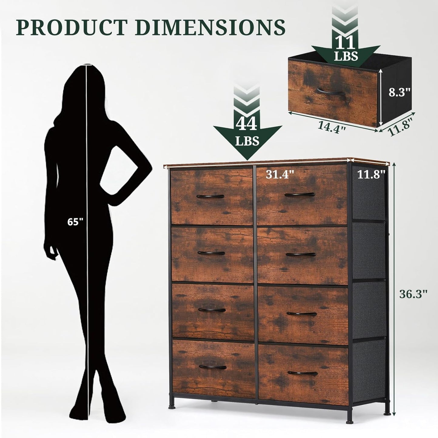 Skiennix 8-Drawer Dresser - Anti-Tip Tall Storage Organizer with Wooden Top & Metal Frame | Brown