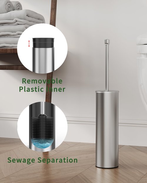 WZKALY Toilet Brush and Holder Set, Toilet Bowl Brush for Bathroom with Long Handle, Stainless Steel Toilet Cleaner Brush with Durable Scrubbing Bristles,Splash-Proof (Brushed Nickel)