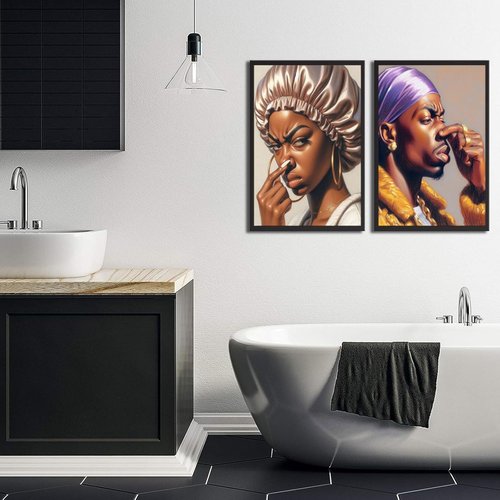 Funny African American Bathroom Wall Art - 2Pcs Canvas Prints with Humorous Pinch Nose Design | Unframed Decor