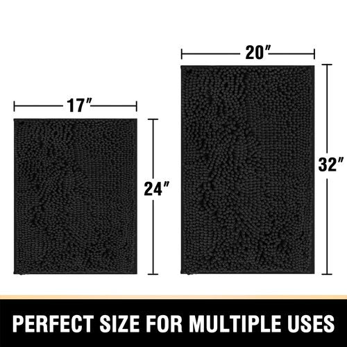 H.VERSAILTEX Black Bathroom Rug Set 2 Piece, Bath Mats for Bathroom Floor, Super Thick Soft Shaggy Chenille Bath Mats Machine Washable, Dry Fast Water Absorbent Bath Mats(20" x 32"/17" x 24")
