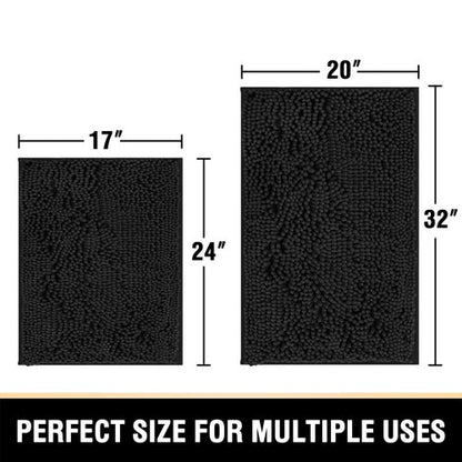 H.VERSAILTEX Black Bathroom Rug Set 2 Piece, Bath Mats for Bathroom Floor, Super Thick Soft Shaggy Chenille Bath Mats Machine Washable, Dry Fast Water Absorbent Bath Mats(20" x 32"/17" x 24")