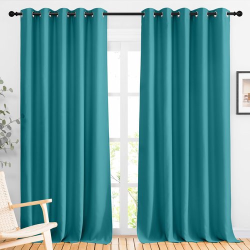 NICETOWN Bedroom Blackout 110 inch Curtains for Sliding Glass Door, Grommet Thermal Insulated Solid Window Treatments Sound Reducing for Living Room, W66 x L110, Peacock Teal, Set of 2