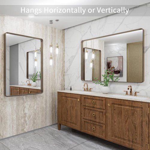 LOAAO Bronze Bathroom Mirror - 40”X30” Rounded Rectangle with Anti-Rust Brushed Metal Frame | Versatile Hanging Options