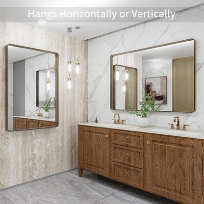 LOAAO Bronze Bathroom Mirror - 40”X30” Rounded Rectangle with Anti-Rust Brushed Metal Frame | Versatile Hanging Options