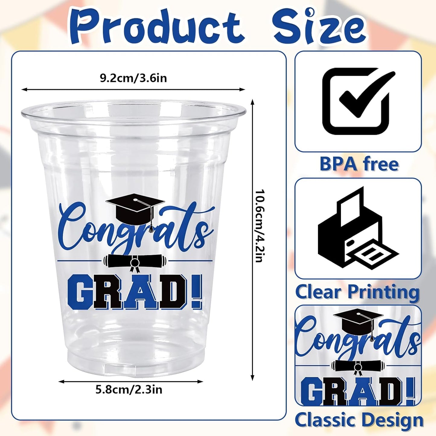 Whaline 50Pcs Graduation Plastic Cups - 12 Oz Congrats Grad Tableware in Black & Blue