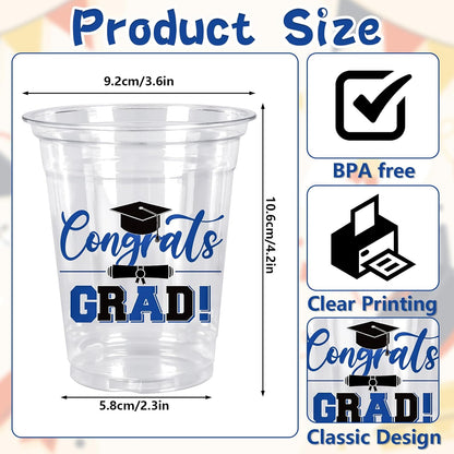 Whaline 50Pcs Graduation Plastic Cups - 12 Oz Congrats Grad Tableware in Black & Blue