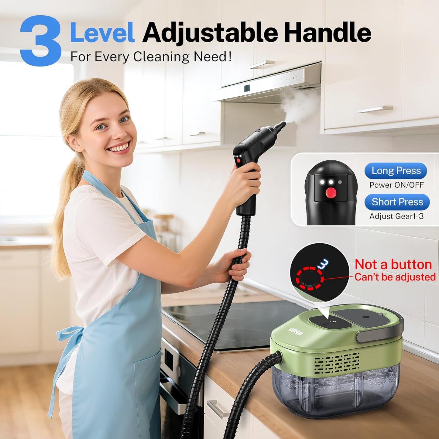 ODSD Steam Cleaner - Handheld 3-Level Adjustable Steamer for Home & Car | 15s Heat-Up, 1.6L Tank, 15 Accessories