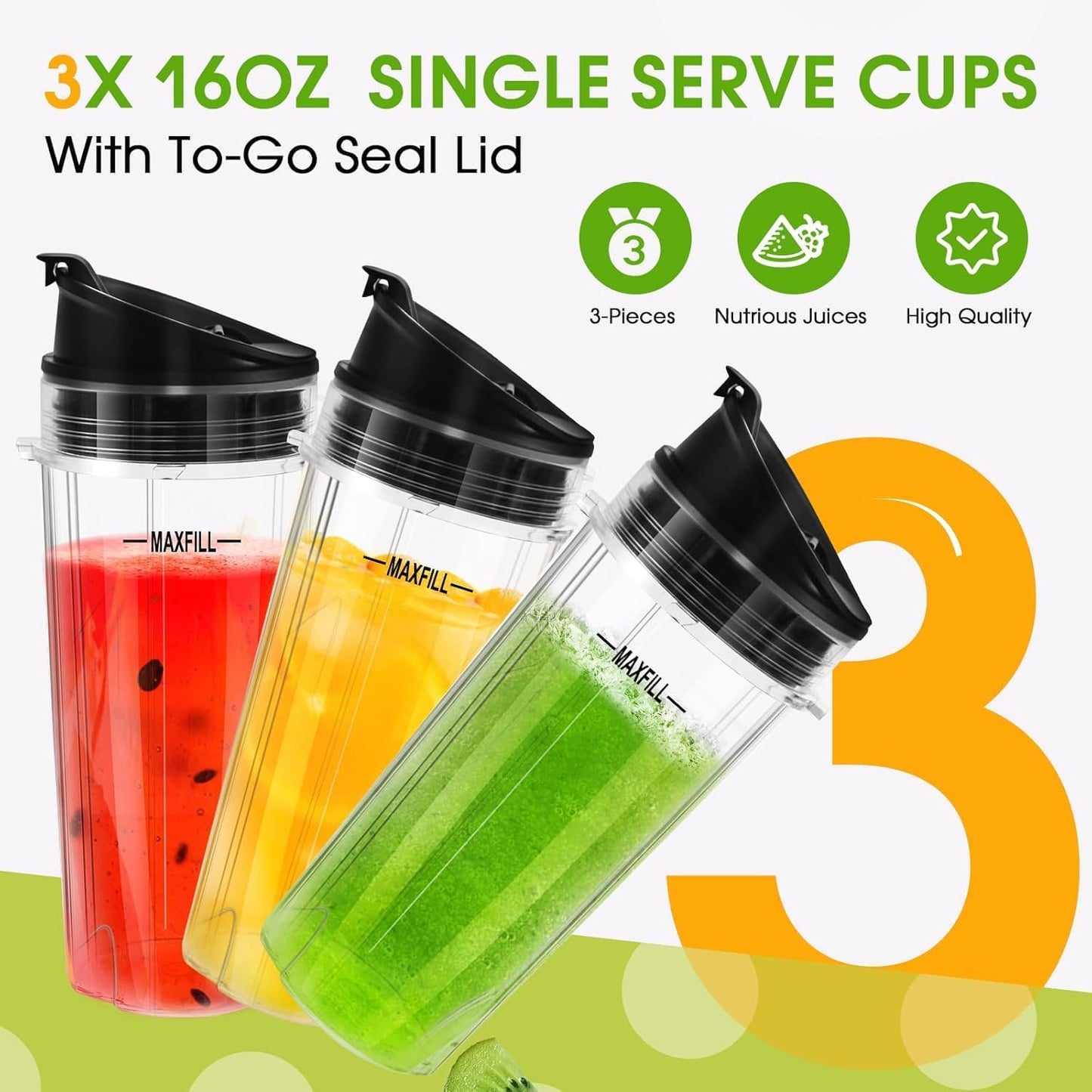 Ninja Blender Cups - 3 Pack 16oz Replacement Cups with Lids for Ninja QB3001SS & Nutri Ninja Series