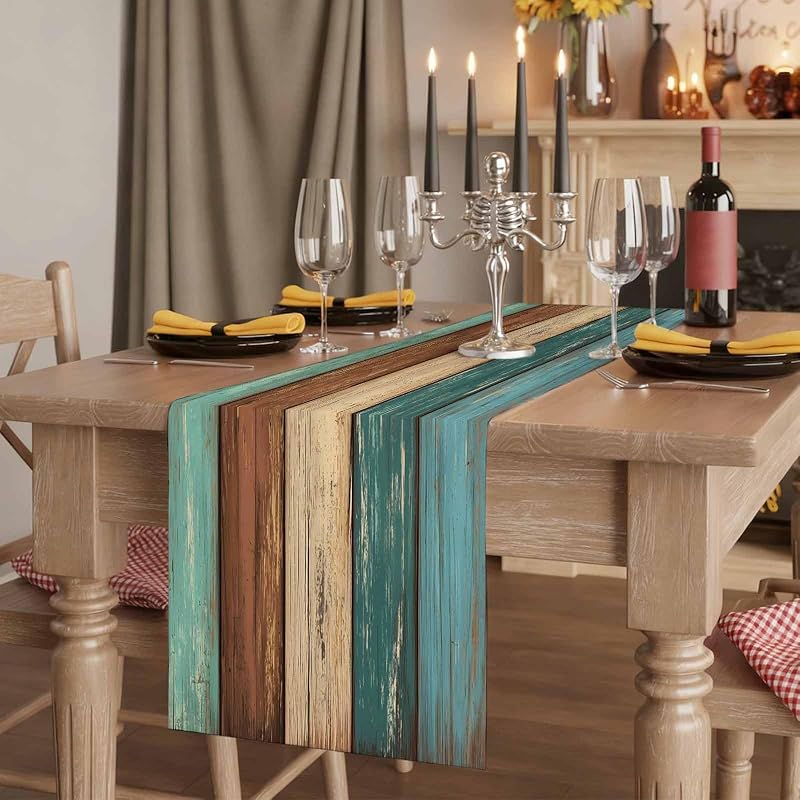 Teal Cotton Linen Table Runner 13x90 Inch - Rustic Burlap Dresser Scarf, Non-Slip Home Decor (Green/Blue/Brown) - Farmhouse Wedding Table Setting