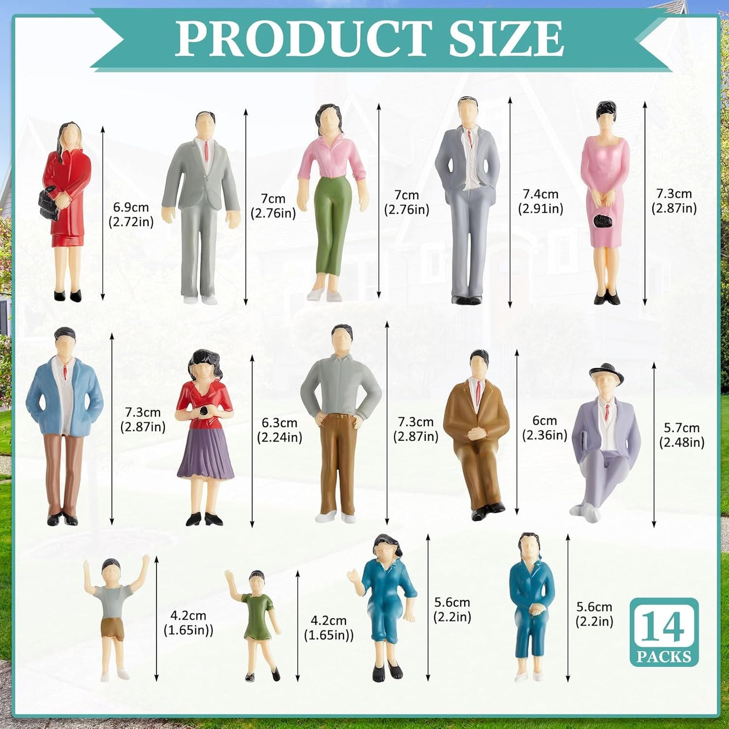 Namalu Miniature People Figurines - 14 Pcs 1:25 Scale Painted Model Train & Dollhouse Figures