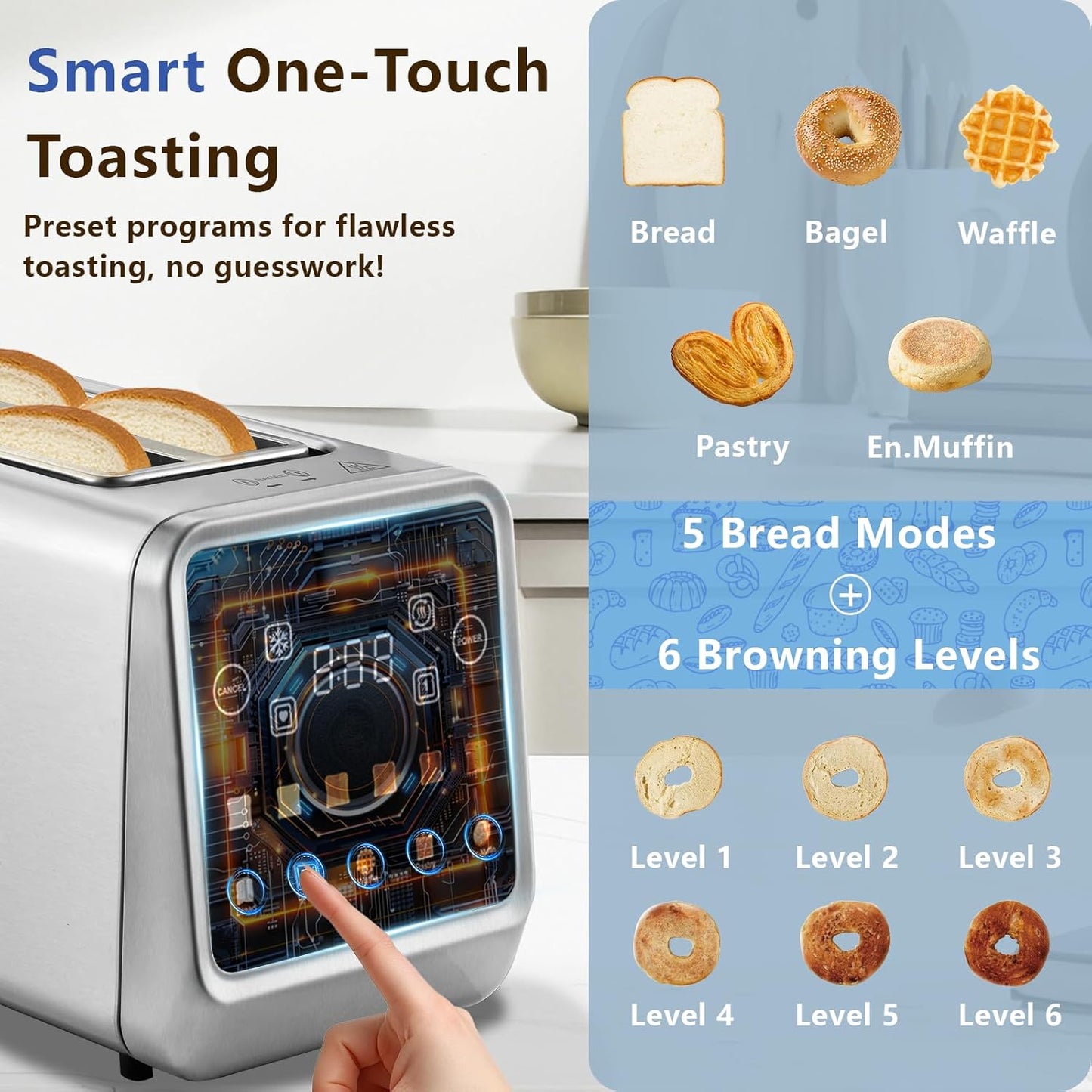 Smart Toaster 4 Slice - Touch Screen Digital Toaster with 6 Browning Levels & Extra Wide Slots | 1400W Stainless Steel