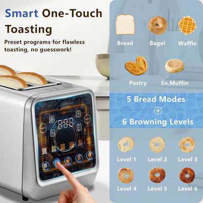 Smart Toaster 4 Slice - Touch Screen Digital Toaster with 6 Browning Levels & Extra Wide Slots | 1400W Stainless Steel