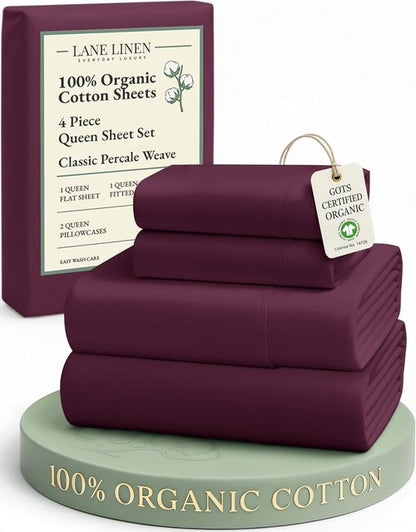 LANE LINEN 100% Organic Cotton Queen Sheets - Soft & Breathable Classic Percale, Machine Washable - Windsor Wine