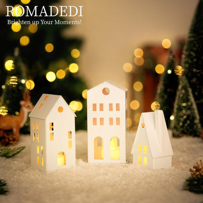 Romadedi White Christmas Village Set - Light Up Candle Holders for Home Decor | Set of 3