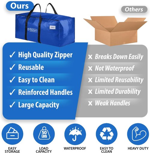 ClearSpace Heavy Duty Moving Bags - Large Storage Bags with Backpack Straps & Zippers | 6 Pack for Easy Moving & Travel