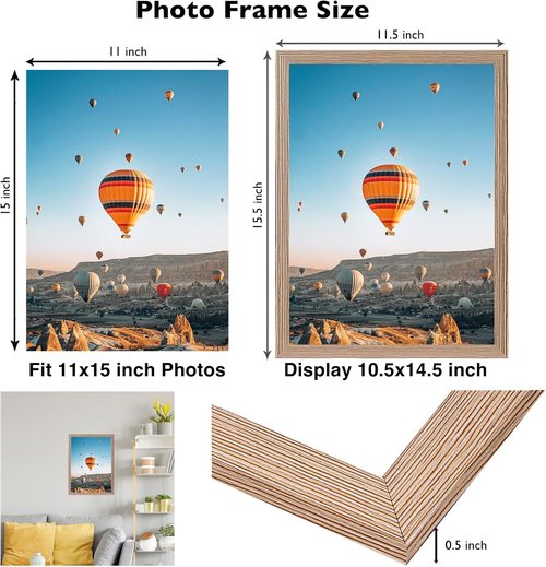 JCJMY 11x15 Picture Frame - Rustic Brown Wall Hanging Frame with Shatter-Resistant Plexiglass