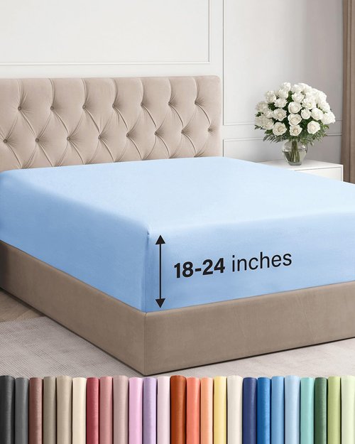 Extra Deep Full Fitted Sheet - Hotel Luxury Single Fitted Sheet Only - Easily Fits 18 inch to 24 inch Mattress - Ultra Soft, Wrinkle & Fade Free w/Extra Deep Pockets - Breathable & Comfy - Light Blue