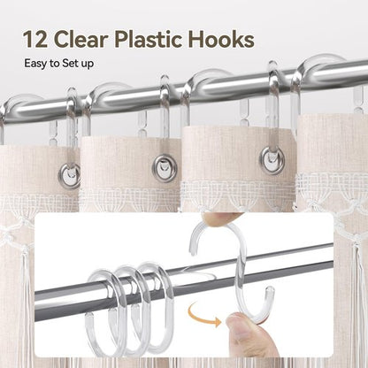 AmazerBath Boho Farmhouse Shower Curtain Beige with Top Tassels, Faux Linen Fabric Neutral Shower Curtain Set with Hooks, Water Repellent, 72x72 Inches