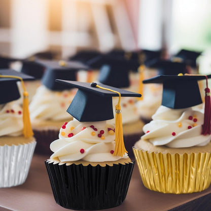 Whaline Graduation Foil Cupcake Liners - 300 Pcs Black, Silver & Gold Metallic Baking Cups for Parties