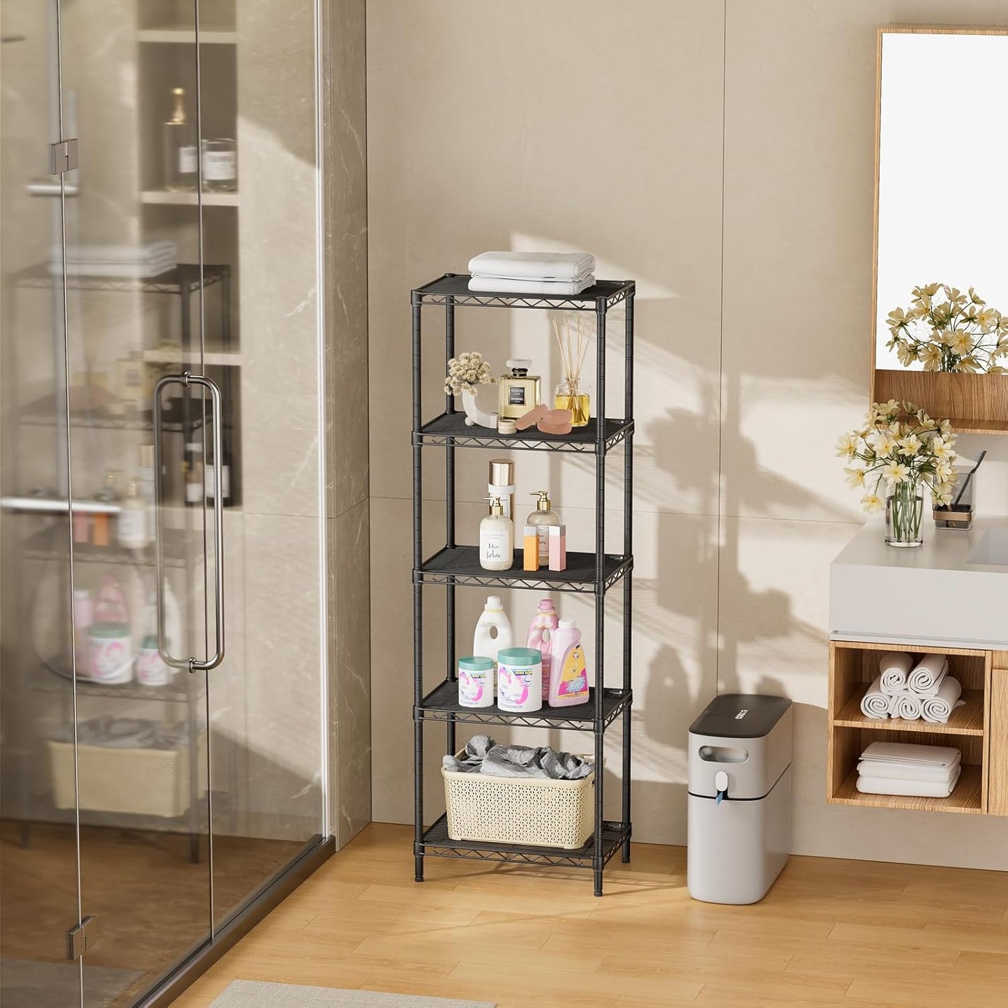 SINGAYE Metal Shelves - Adjustable Wire Shelving Unit for Kitchen, Laundry & Bathroom | 10" D x 16" W x 55" H - Black