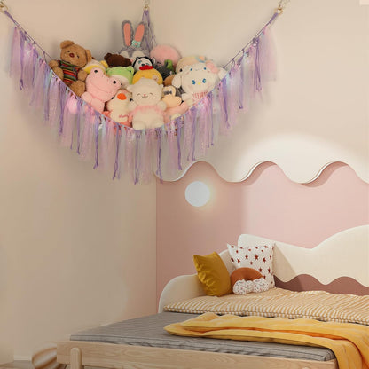 Stuffed Animal Hammock by [Brand Name] - 59-Inch LED Toy Storage Net for Kids' Bedroom | Wall-Mounted Plush Organizer in Handwoven Purple