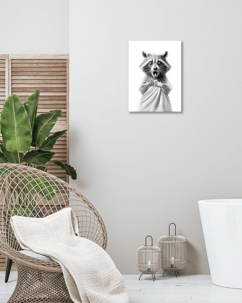 HesenDot Raccoon Wall Art - Funny Black and White Bathroom Canvas Print | 12x16in Cute Decor