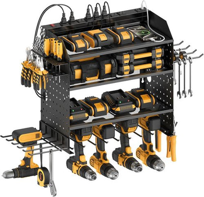 CCCEI Modular Power Tools Organizer - 4-Layer Wall Mount with USB Charging Station | Black, 6FT Cord