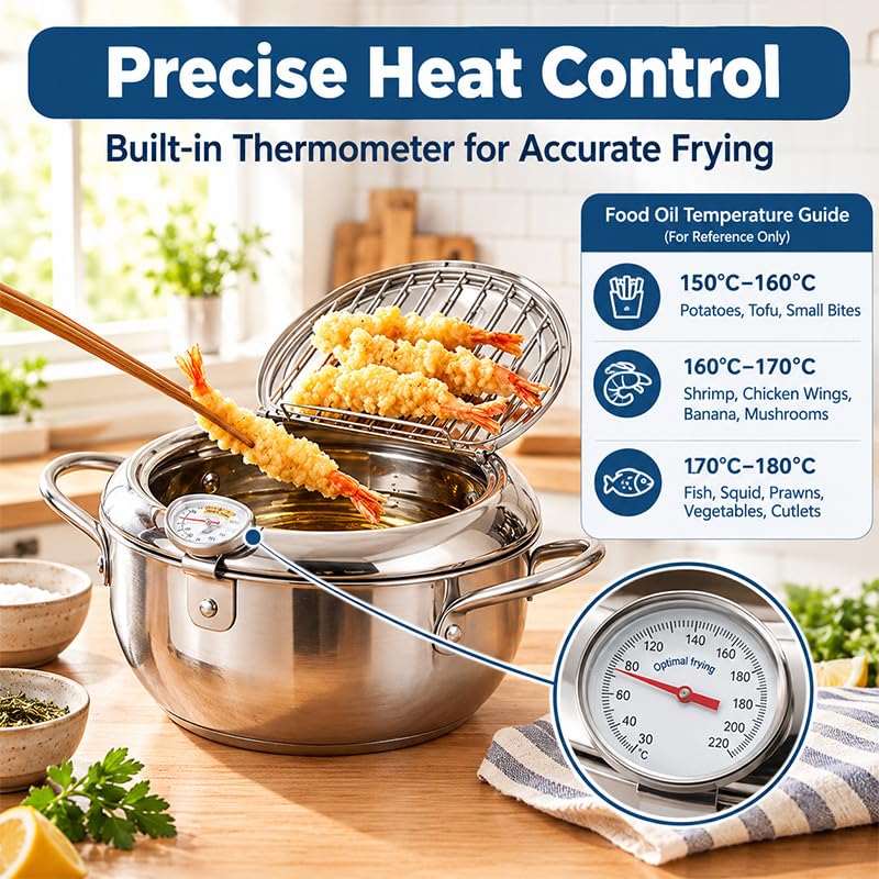 11-Inch Stainless Steel Deep Fryer Pot with Thermometer & Splash Lid - ROVIA