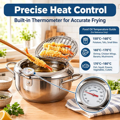 11-Inch Stainless Steel Deep Fryer Pot with Thermometer & Splash Lid - ROVIA