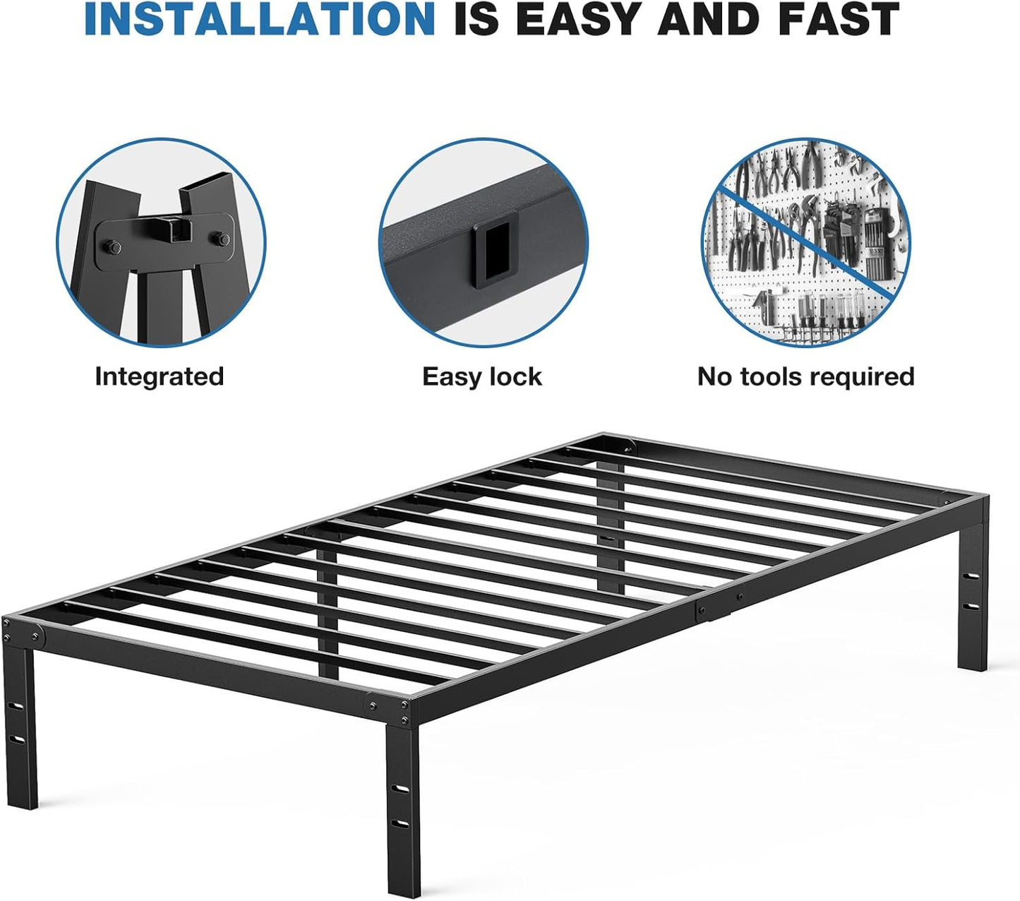 OLIXIS Metal Twin Bed Frame - 14-Inch High with Storage Space | Sturdy Steel Slat Support, 800LBS Capacity, Black
