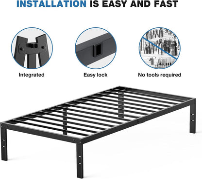 OLIXIS Metal Twin Bed Frame - 14-Inch High with Storage Space | Sturdy Steel Slat Support, 800LBS Capacity, Black