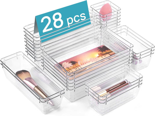 Vtopmart 28-Piece Clear Plastic Drawer Organizer Set - Versatile Acrylic Storage Bins for Bathroom, Makeup & Kitchen