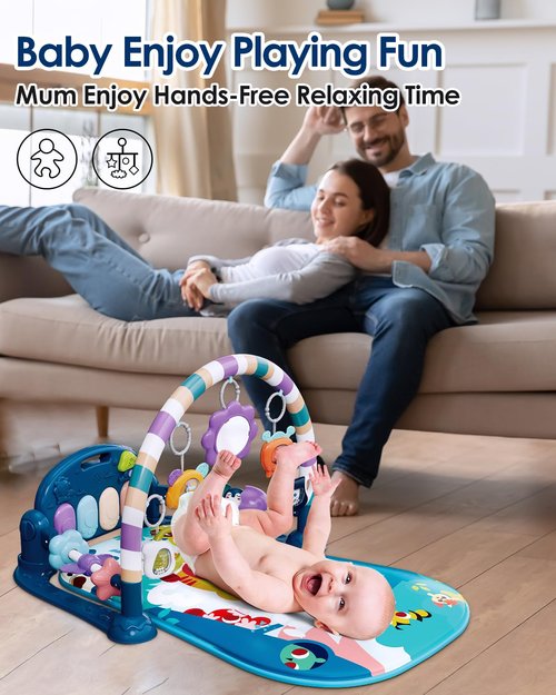 Dearlomum Baby Play Mat - Fun Piano Tummy Time Activity Gym with 5 Sensory Toys | Blue for Newborns 0-12 Months