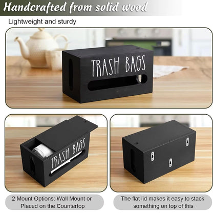 Wooden Trash Bag Dispenser, Trash Bag Holder Wall Mount, Garbage Bag Holder for Cabinet, Farmhouse Plastic Bag Holder for Kitchen Countertop, Under Sink Laundry Room Storage (Black)