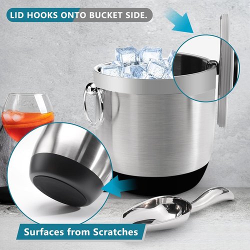 Double-Wall Stainless Steel Insulated Ice Bucket With Lid & Ice Tong [3 Liter] Included Strainer Keeps Ice Cold & Dry, Home Bar, Chilling Beer, Champagne, Wine Bottle