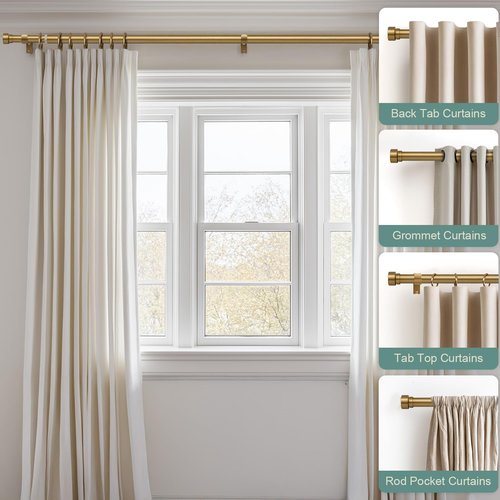 Lootkell Brass Gold Curtain Rods Set - Heavy Duty Adjustable 1" Diameter for Windows 66-120" | Stylish Metal Finials