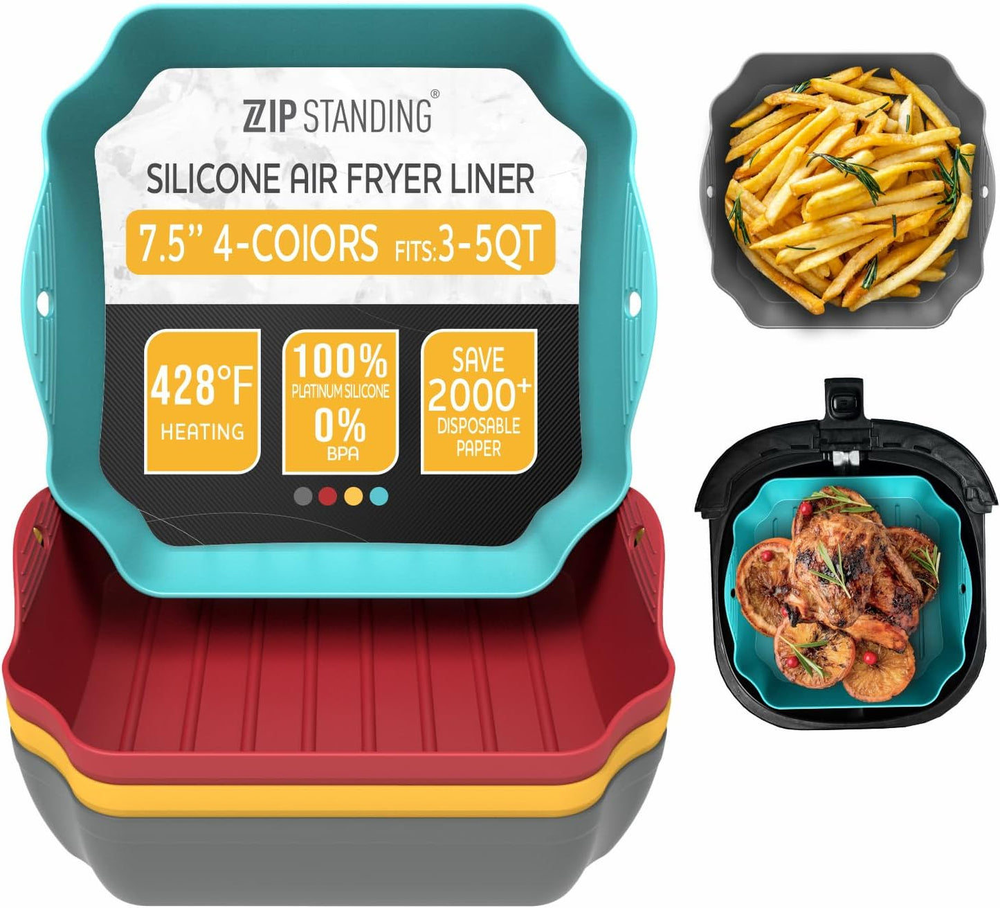 Zip Standing Reusable Silicone Air Fryer Liners - 7.5" Square for 4-7QT Air Fryers | Easy to Clean & Durable