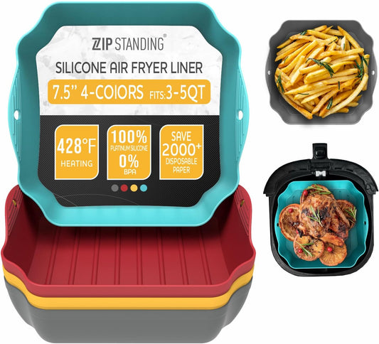 Zip Standing Reusable Silicone Air Fryer Liners - 7.5" Square for 4-7QT Air Fryers | Easy to Clean & Durable