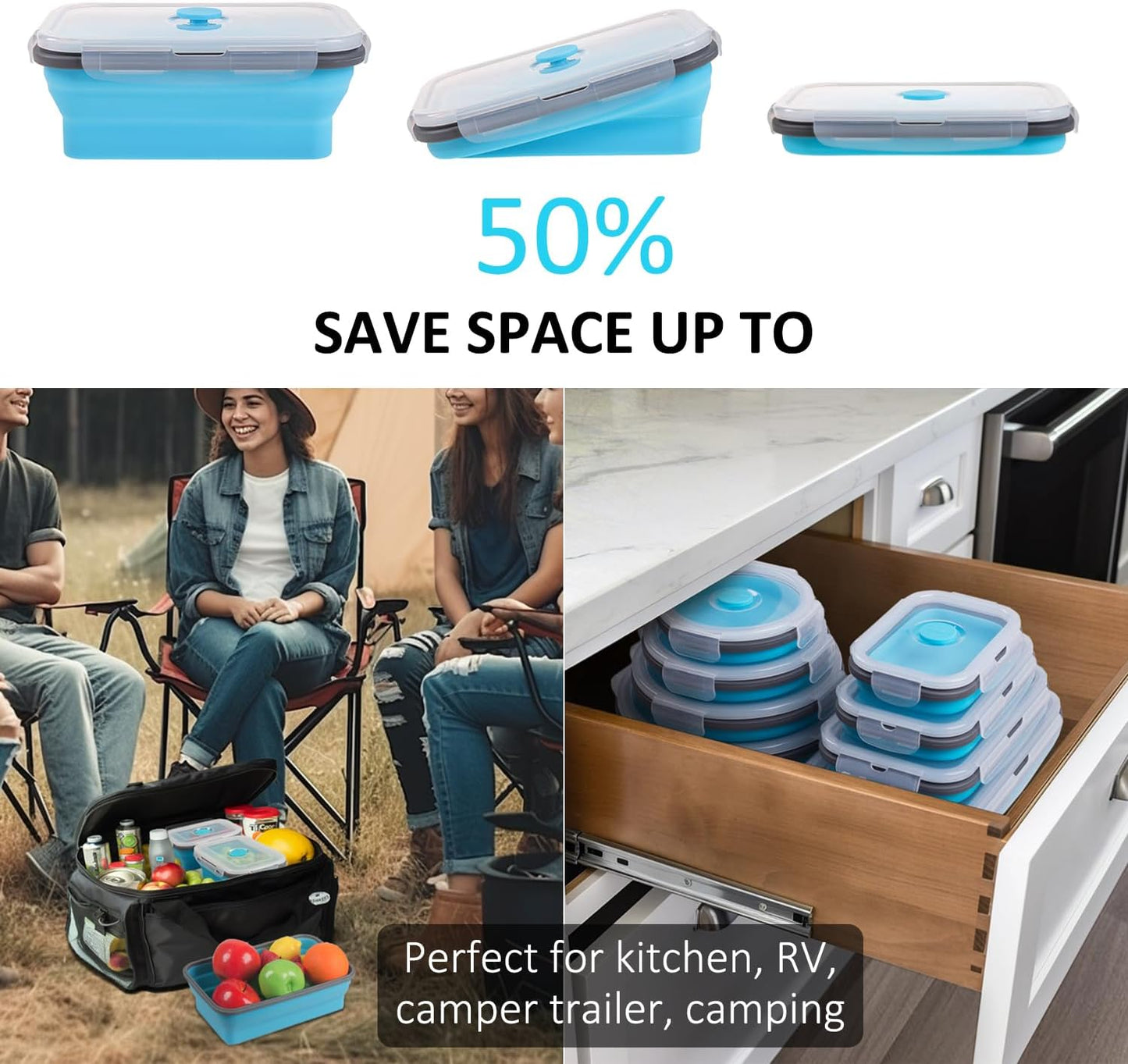 Skiennix Collapsible Food Storage Containers - 8 Pack Silicone Set for Snacks | Microwave & Dishwasher Safe, Blue