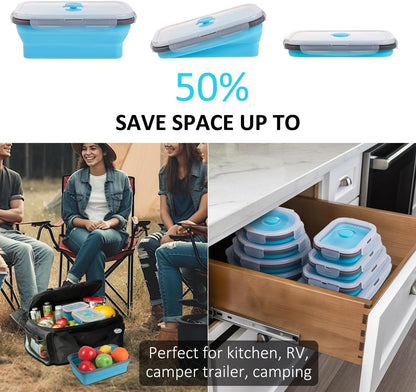 Skiennix Collapsible Food Storage Containers - 8 Pack Silicone Set for Snacks | Microwave & Dishwasher Safe, Blue
